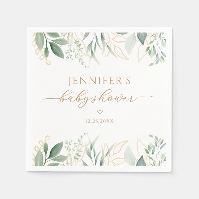 Elegant Greenery Gold Gender Neutral Baby Dusche Serviette (Vorderseite)