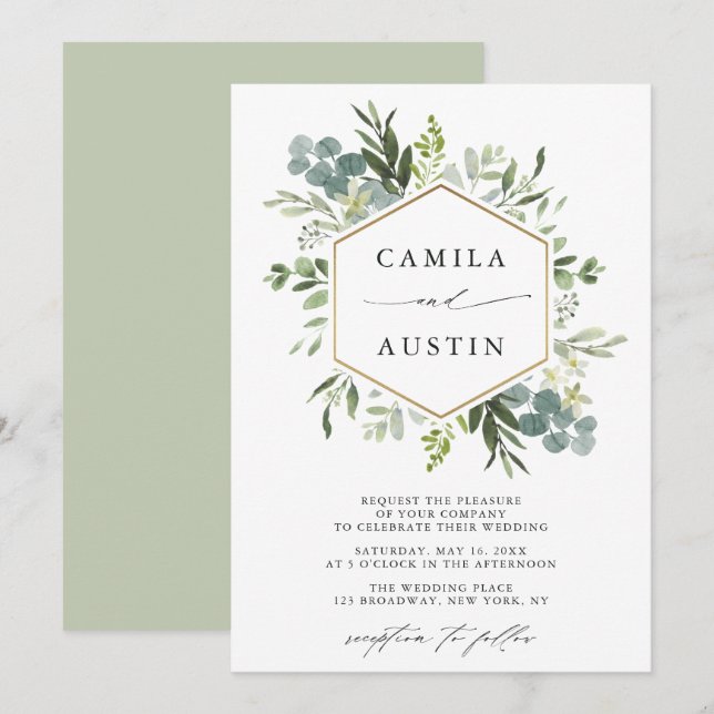Elegant Greenery Gold Hexagon Wedding Einladung (Vorne/Hinten)