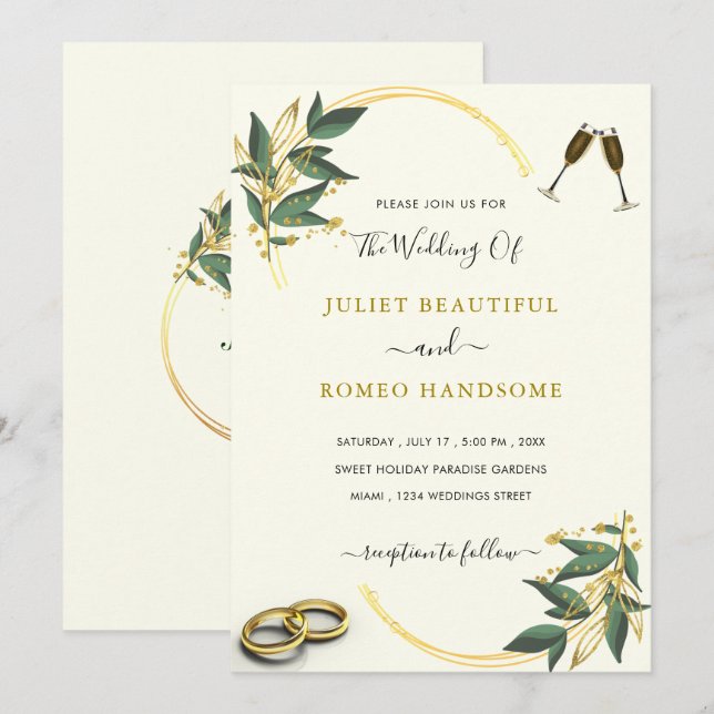 Elegant Greenery Gold Luxury Wedding Einladung (Vorne/Hinten)
