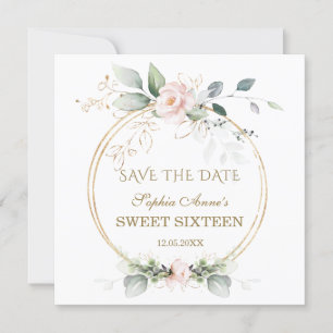 Elegant Greenery Gold Pink Floral 16 . Geburtstag Save The Date