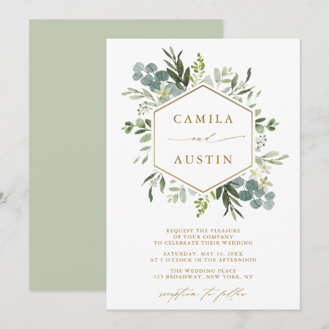 Elegant Greenery Gold Script Hexagon Wedding Einladung (Vorne/Hinten)