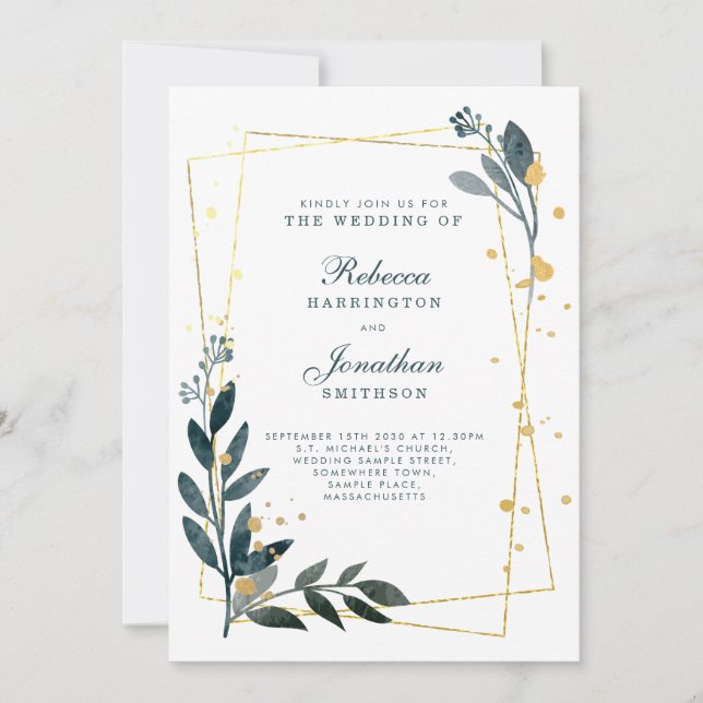 Elegant Greenery Gold Wedding RSVP Einladung (Vorderseite)