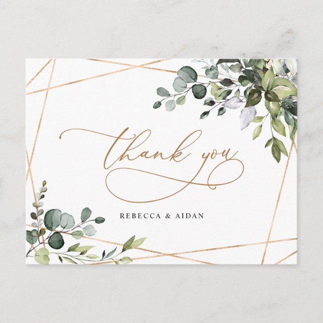 Elegant Greenery Gold Wedding Vielen Dank Postcard Postkarte (Vorderseite)