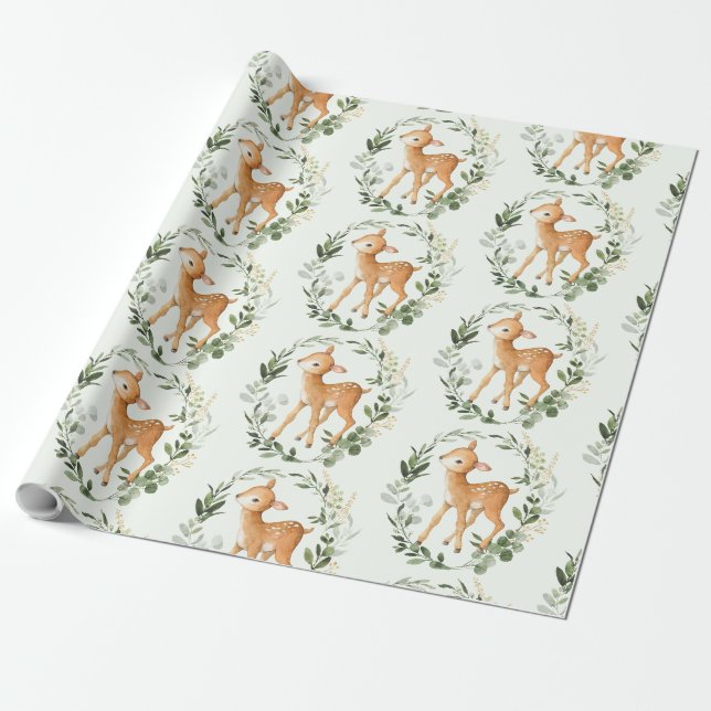 Elegant Greenery Gold Woodland Deer Baby Fawn Geschenkpapier (Ungerollt)