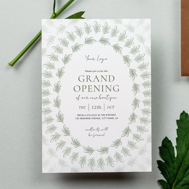 Elegant Greenery Grand Opening Business-Logo Einladung (Elegant greenery business grand opening invitation design with fully editable text)