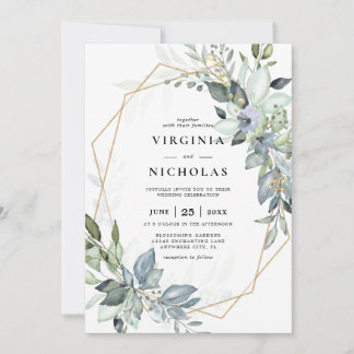 Elegant Greenery Green & Gold Geometric Wedding Einladung