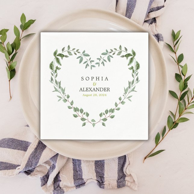 Elegant Greenery Heart Wedding Personalisiert Serviette (Elegant Greenery Heart Wedding Personalized Napkins)
