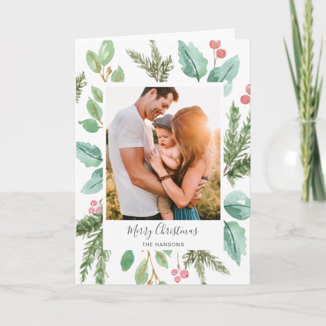 Elegant Greenery Holly Foto Frohe Weihnachten (Vorderseite)