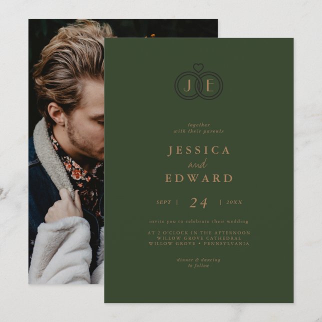 Elegant Greenery Lässig Monogram Foto Wedding Einladung (Vorne/Hinten)