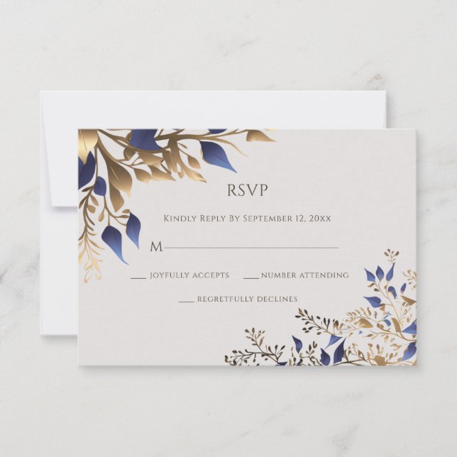 Elegant Greenery Leaf Blue Gold Wedding RSVP Karte (Vorderseite)
