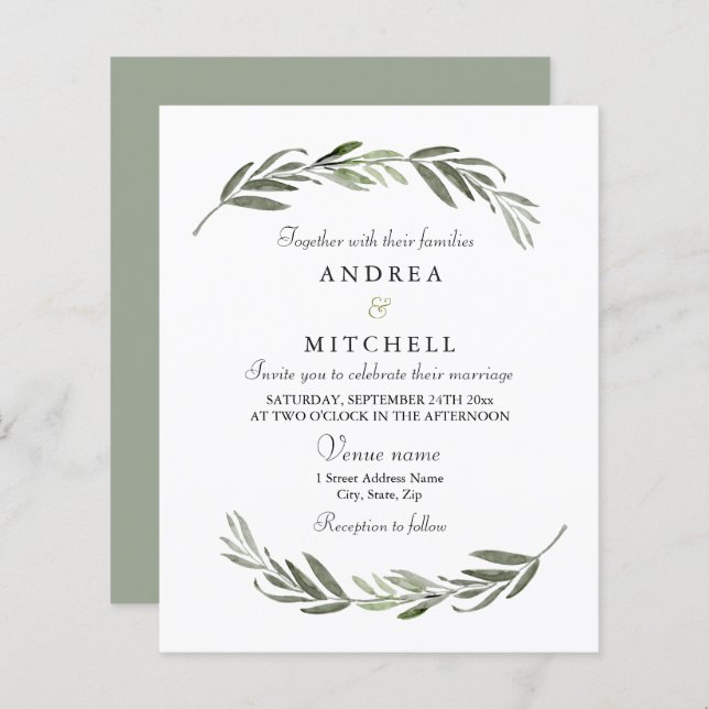 Elegant Greenery Leaf Budget Wedding Einladung (Vorne/Hinten)