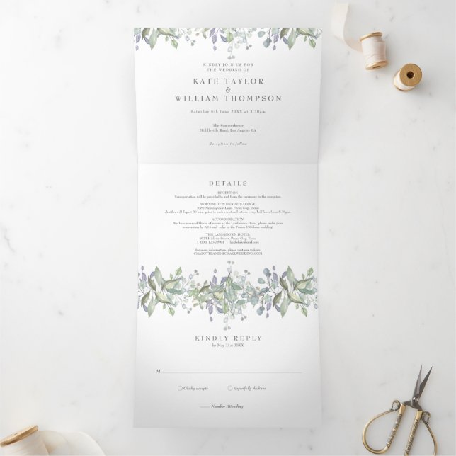 Elegant Greenery Monogram Foto Wedding Dreifach Gefaltete Einladung (Innenseite)