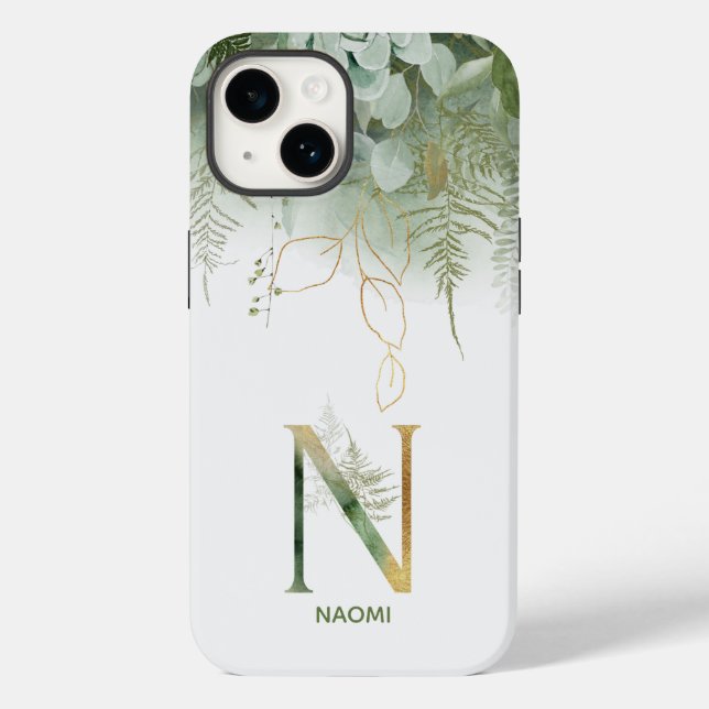 Elegant Greenery Monogram N Case-Mate iPhone 14 Hülle (Rückseite)