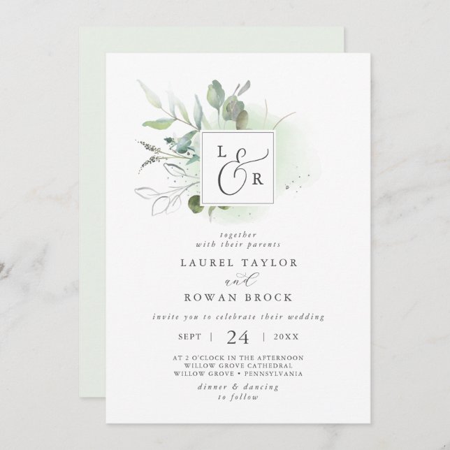 Elegant Greenery Monogram Wedding Einladung (Vorne/Hinten)