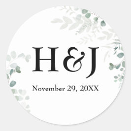 Elegant Greenery Monogramme und Datum Runder Aufkleber