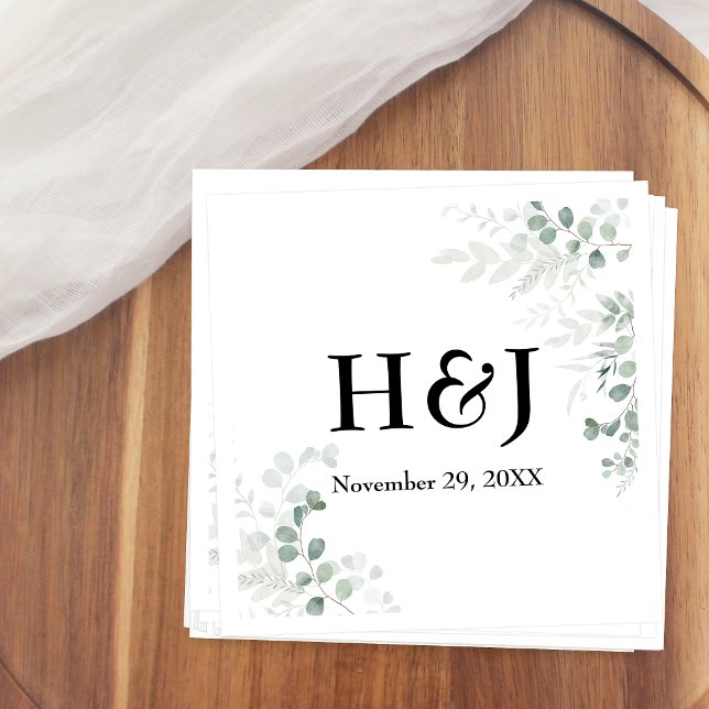 Elegant Greenery Monogramme und Datum Serviette (Von Creator hochgeladen)