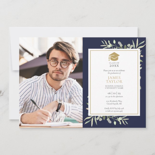 Elegant Greenery Navy Blue Graduation Party Foto Einladung (Vorderseite)