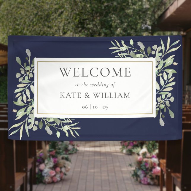 Elegant Greenery Navy Blue Wedding Willkommen Banner (Elegant Greenery Navy Blue Wedding Welcome Banner)