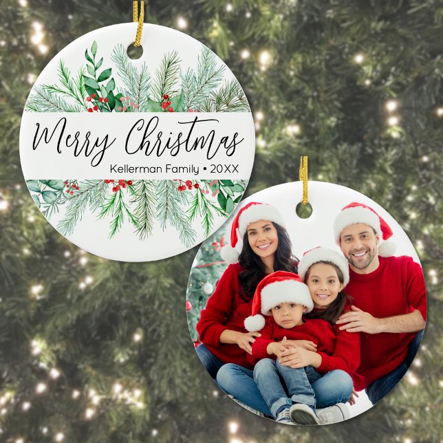 Elegant Greenery Photo Christmas Keramik Ornament (Elegant Bontanical Greenery Photo Merry Christmas Ceramic Ornament)