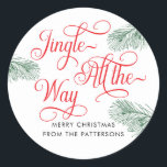 Elegant Greenery Red Calligraphy Christmas Runder Aufkleber<br><div class="desc">Elegante Grüne Rote Kalligrafie Weihnachtssticker Klassischer Rundsticker - Fügen Sie Ihrem Urlaubsgeschenk mit diesem schönen,  modernen und festlichen Weihnachtsaufkleber Eleganz hinzu. Jingle All The Way ist gerahmt von üppigen,  handgezückten Weihnachtsgrün. Fügen Sie Ihre eigene Nachricht und Ihren eigenen Namen hinzu.</div>