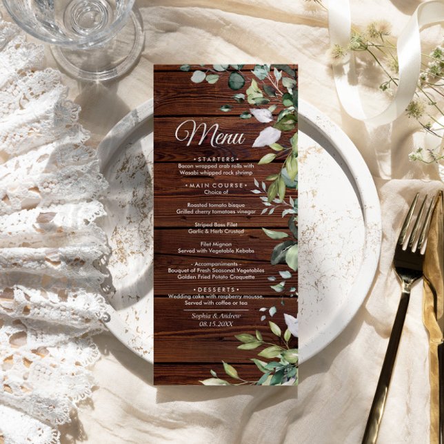 Elegant Greenery Rustic Wood Wedding Menu Menükarte (Von Creator hochgeladen)