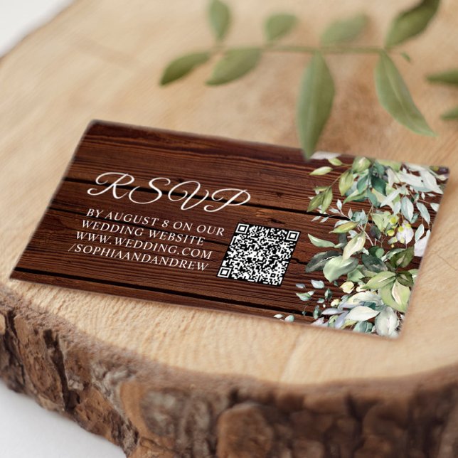 Elegant Greenery Rustic Wood Wedding QR Code UAWG Begleitkarte (Von Creator hochgeladen)
