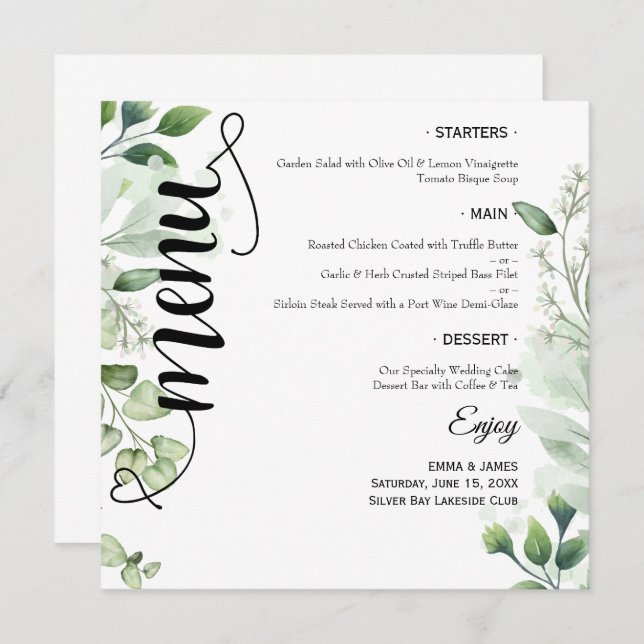 Elegant Greenery Script Round Wedding Flat Menu Menükarte (Vorne/Hinten)