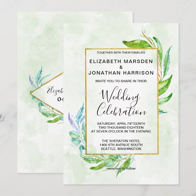 Elegant Greenery Simple Foliage Wedding Einladung (Vorne/Hinten)