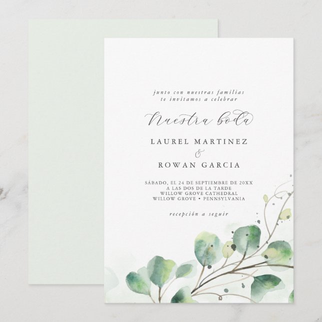 Elegant Greenery Spanish Nuestra Boda Wedding Einladung (Vorne/Hinten)