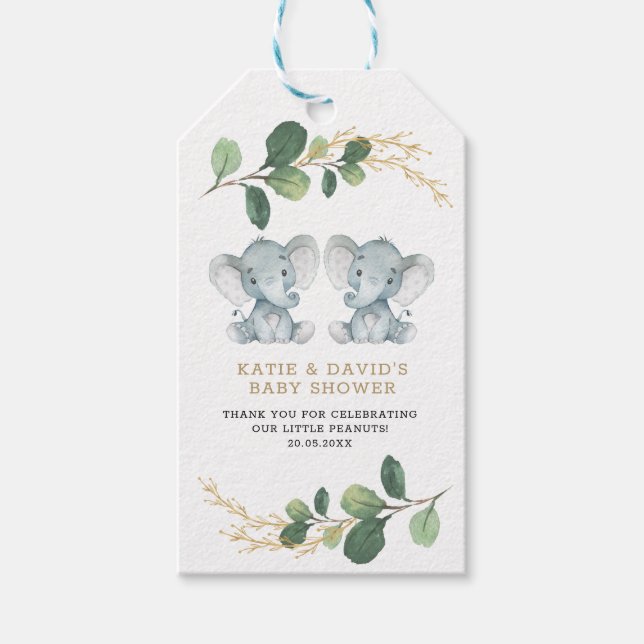 Elegant Greenery Twin Elephant Co-Ed Baby Shower Geschenkanhänger (Vorderseite)
