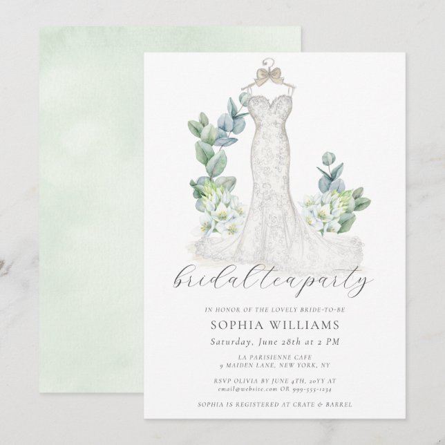 Elegant Greenery Wedding Dress Bridal Tea Party Einladung (Vorne/Hinten)