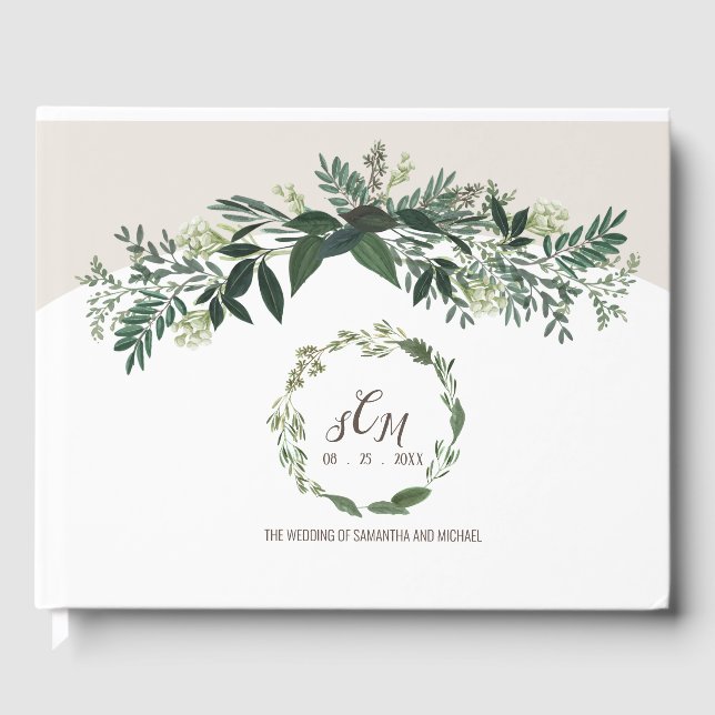 Elegant Greenery Wedding Memory Guestbook Monogram Gästebuch (Vorderseite)