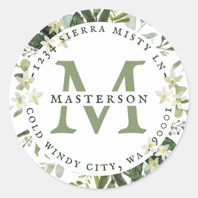 Elegant Greenery Wedding Monogram Rücksendeadresse Runder Aufkleber (Vorderseite)