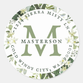 Elegant Greenery Wedding Monogram Rücksendeadresse Runder Aufkleber