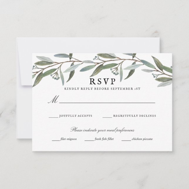 Elegant Greenery Wedding RSVP Karte (Vorderseite)