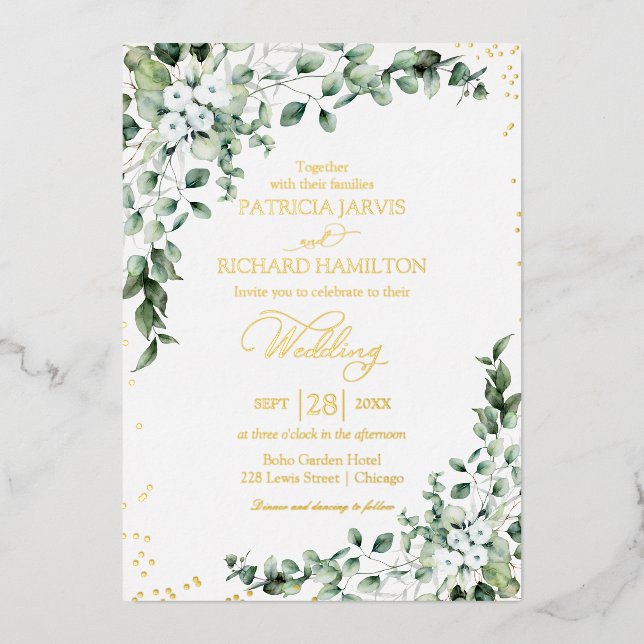 Elegant Greenery Wedding Watercolor Folieneinladung (Vorderseite)