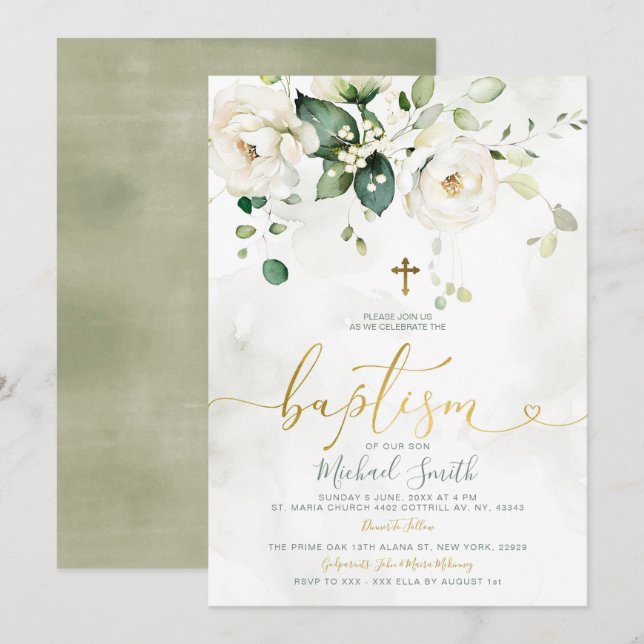 Elegant Greenery White Floral Gold Cross Taufe Einladung (Vorne/Hinten)