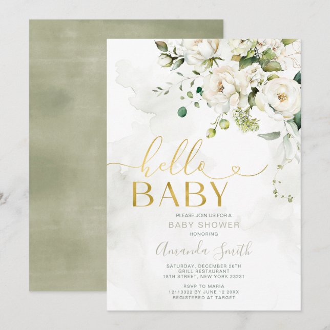 Elegant Greenery White Floral Gold Hello Baby Einladung (Vorne/Hinten)