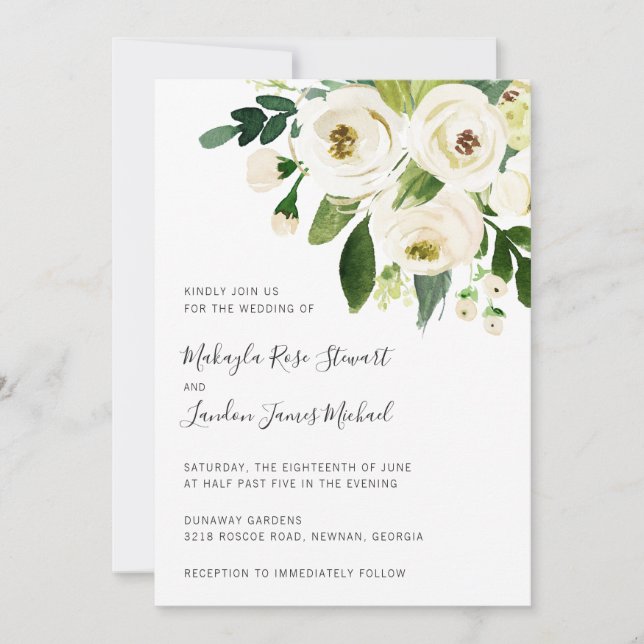 Elegant Greenery White Floral Wedding Einladung (Vorderseite)