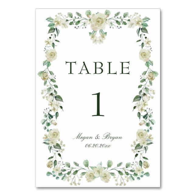 Elegant Greenery White Floral Wedding Tischnummer (Vorderseite)