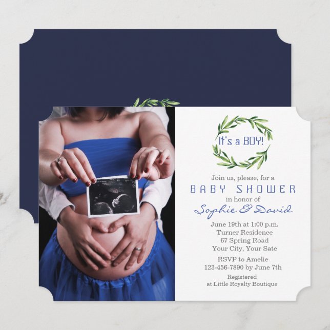 Elegant Greenery Wreath Foto Boy Baby Shower Einladung (Vorne/Hinten)