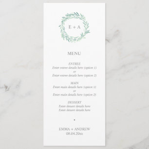 Elegant Greenery Wreath Monogram Wedding Menu Menükarte