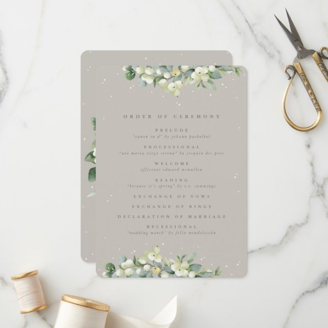 Elegant Greige Snowberry+Eucalyptus Winter Wedding Programm (Vorderseite/Rückseite Beispiel)