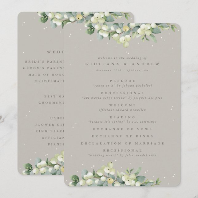 Elegant Greige Snowberry+Eucalyptus Winter Wedding Programm (Vorne/Hinten)