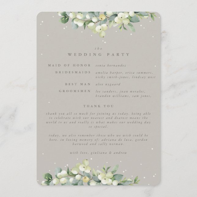 Elegant Greige Snowberry+Eucalyptus Winter Wedding Programm (Rückseite)