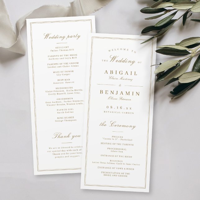 Elegant grenzt an goldfarbene, minimalistische Hoc Programm (Elegant borders gold classy minimalist wedding program)
