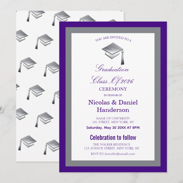 Elegant grey caps graduation ceremony invitation einladung (Vorne/Hinten)