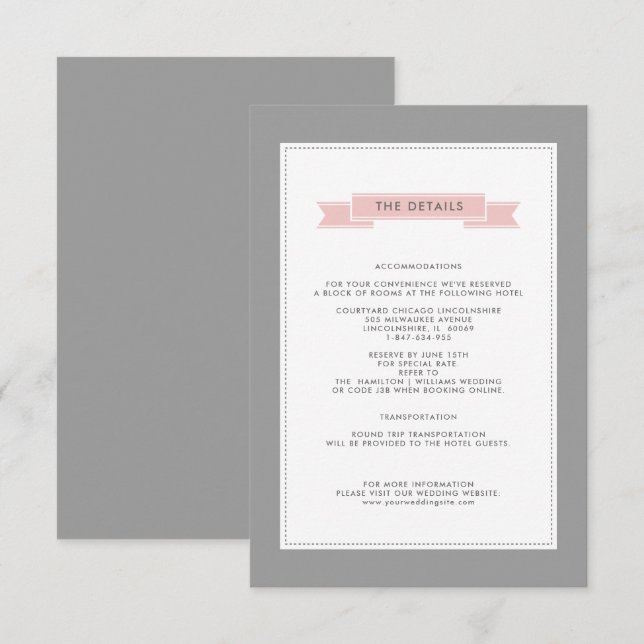 Elegant Grey | Carte de détails du Mariage rose vi (Devant / Derrière)