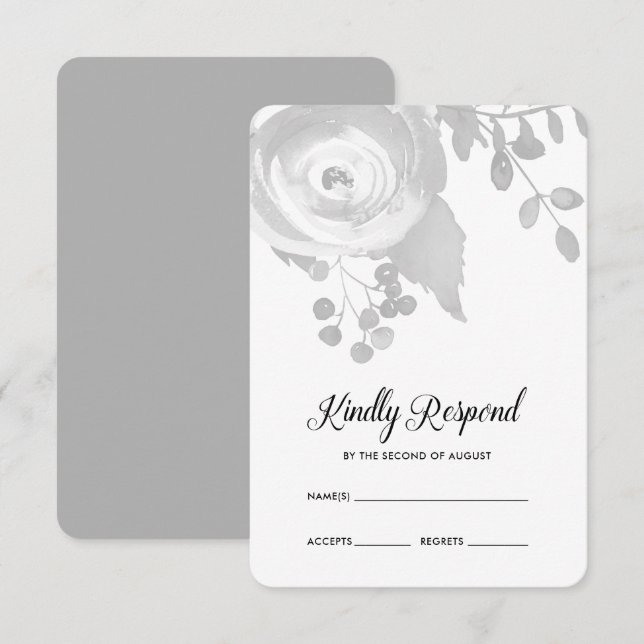 Elegant Grey Floral Wedding RSVP Karte (Vorne/Hinten)