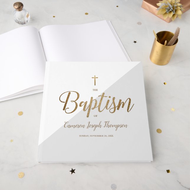 Elegant Grey  gold Cross Baby Custom Baptism Gästebuch (Vorderseite offen)